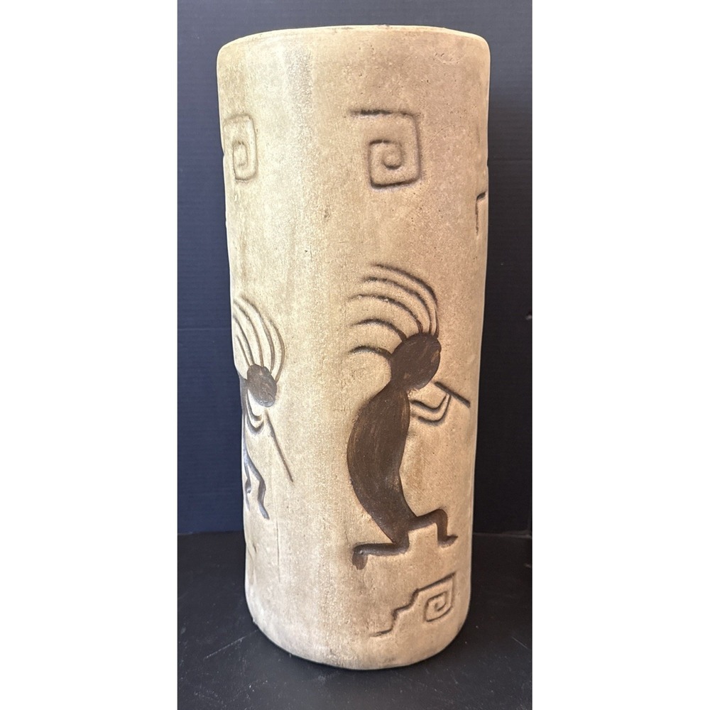 Kokopelli Playing Music Imprinted Clay Large Heavy Vase Mexican Pottery 13" x 6"